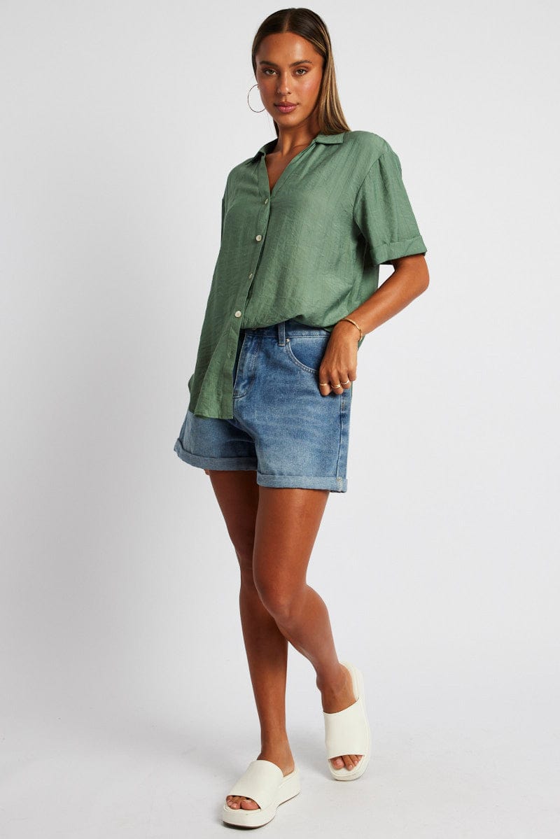 Green Textured Shirt Short Sleeve for Ally Fashion