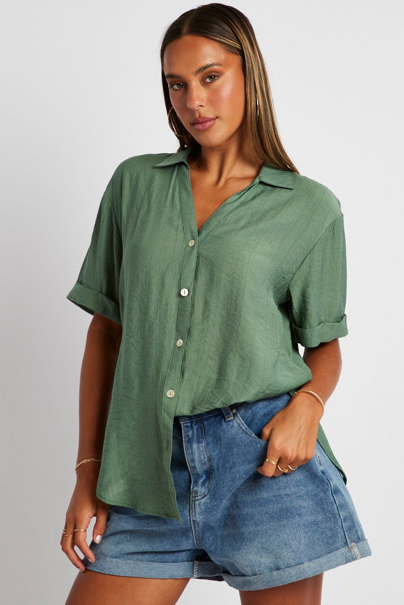 Green Textured Shirt Short Sleeve for Ally Fashion