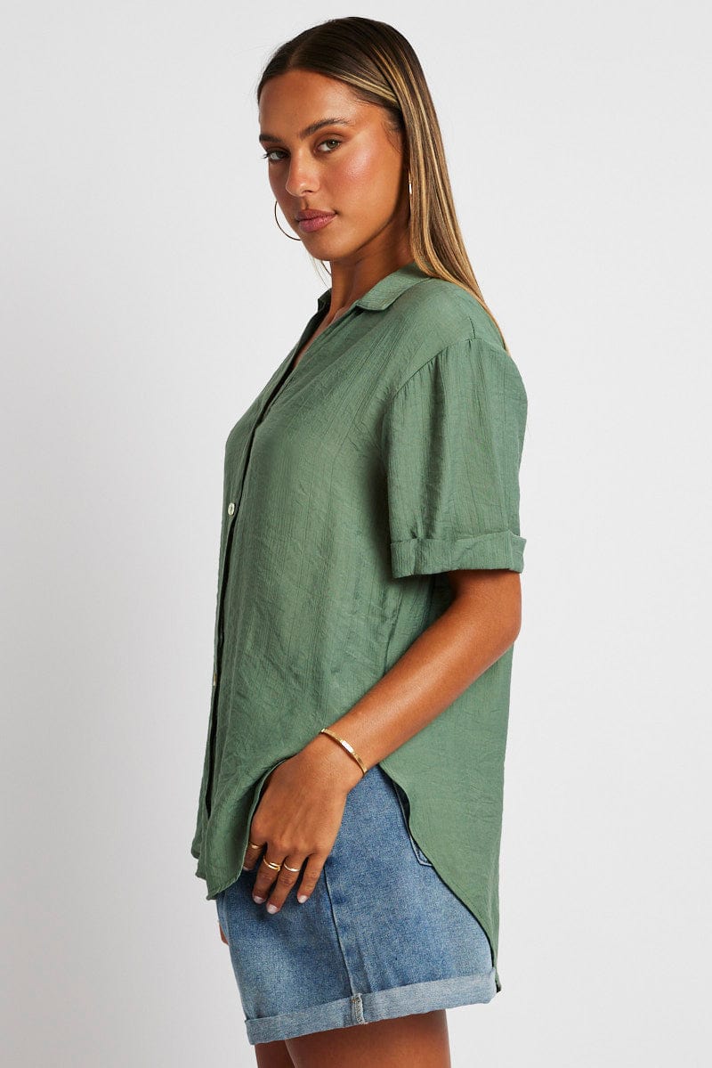 Green Textured Shirt Short Sleeve for Ally Fashion