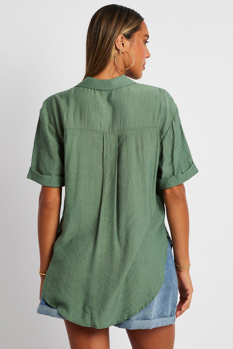 Green Textured Shirt Short Sleeve for Ally Fashion