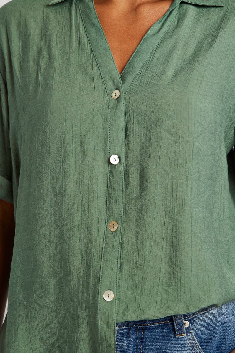 Green Textured Shirt Short Sleeve for Ally Fashion