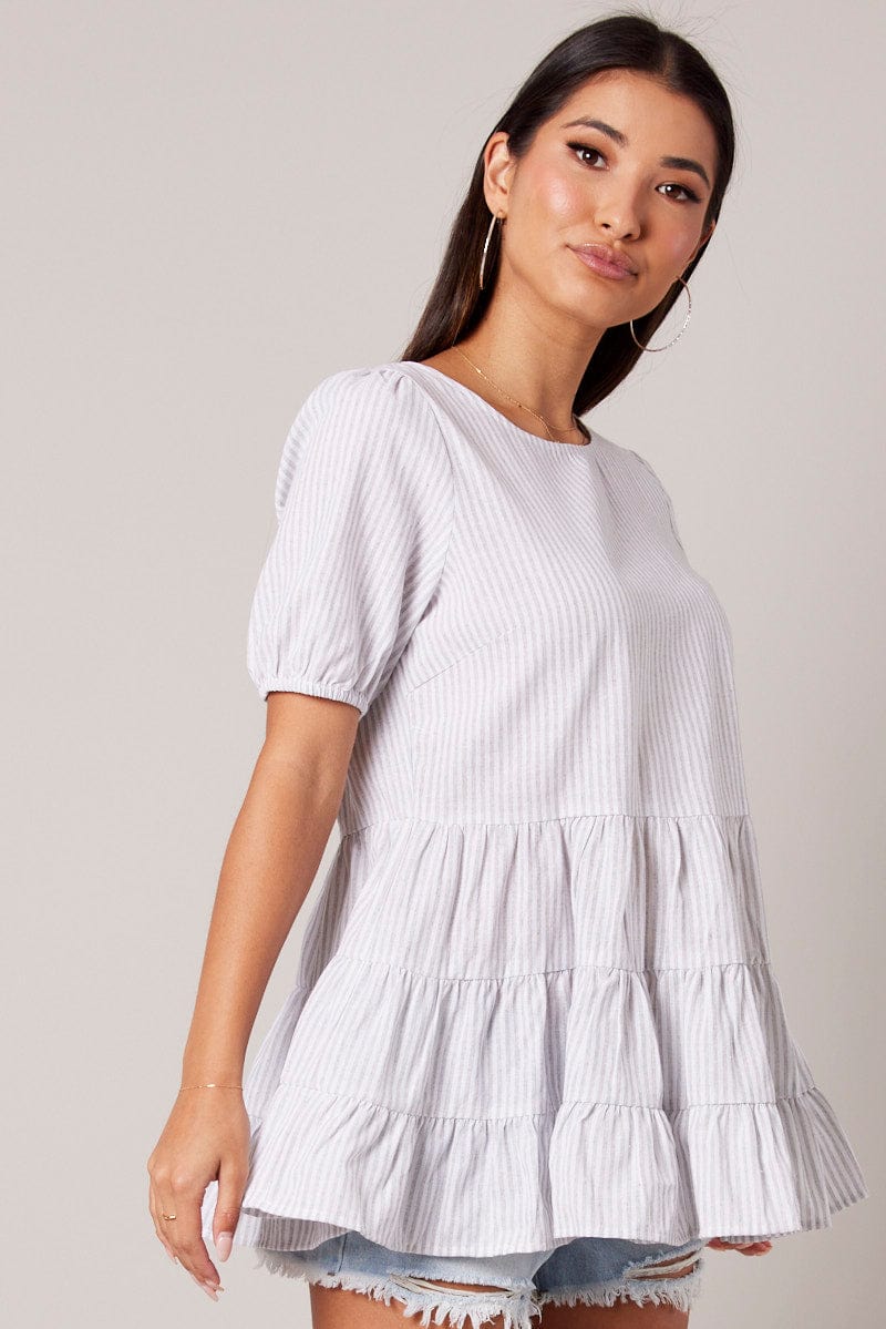 White Stripe Smock Top Short Sleeve Tiered for Ally Fashion