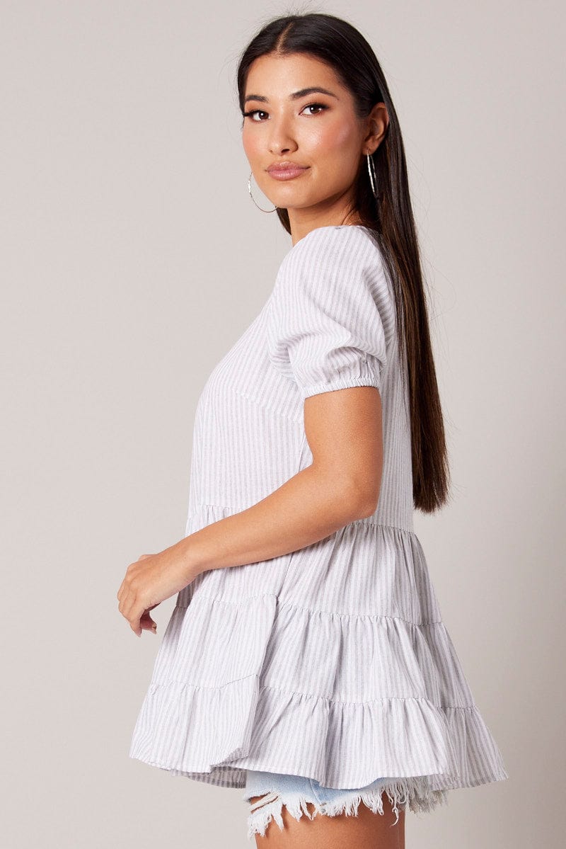 White Stripe Smock Top Short Sleeve Tiered for Ally Fashion