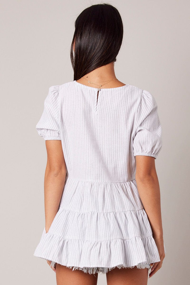 White Stripe Smock Top Short Sleeve Tiered for Ally Fashion