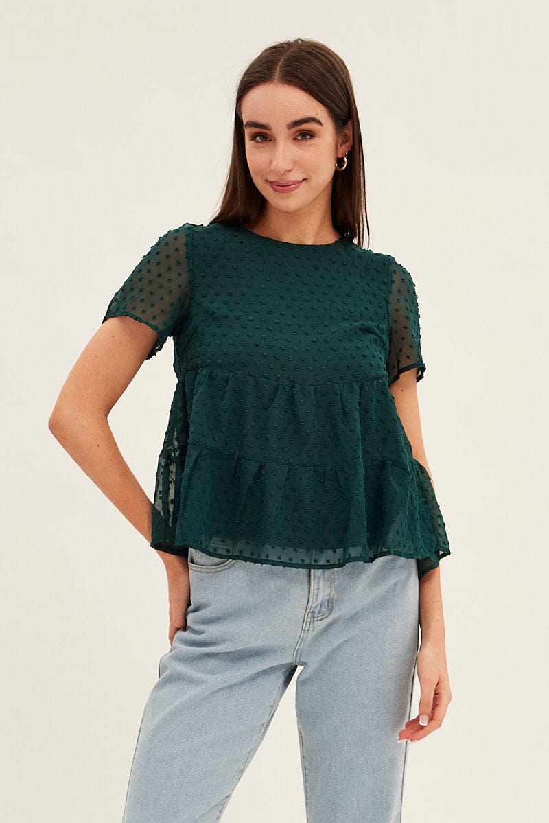 Forest Dobby Chiffon Flutter Sleeve Tiered Hem Top for Ally Fashion