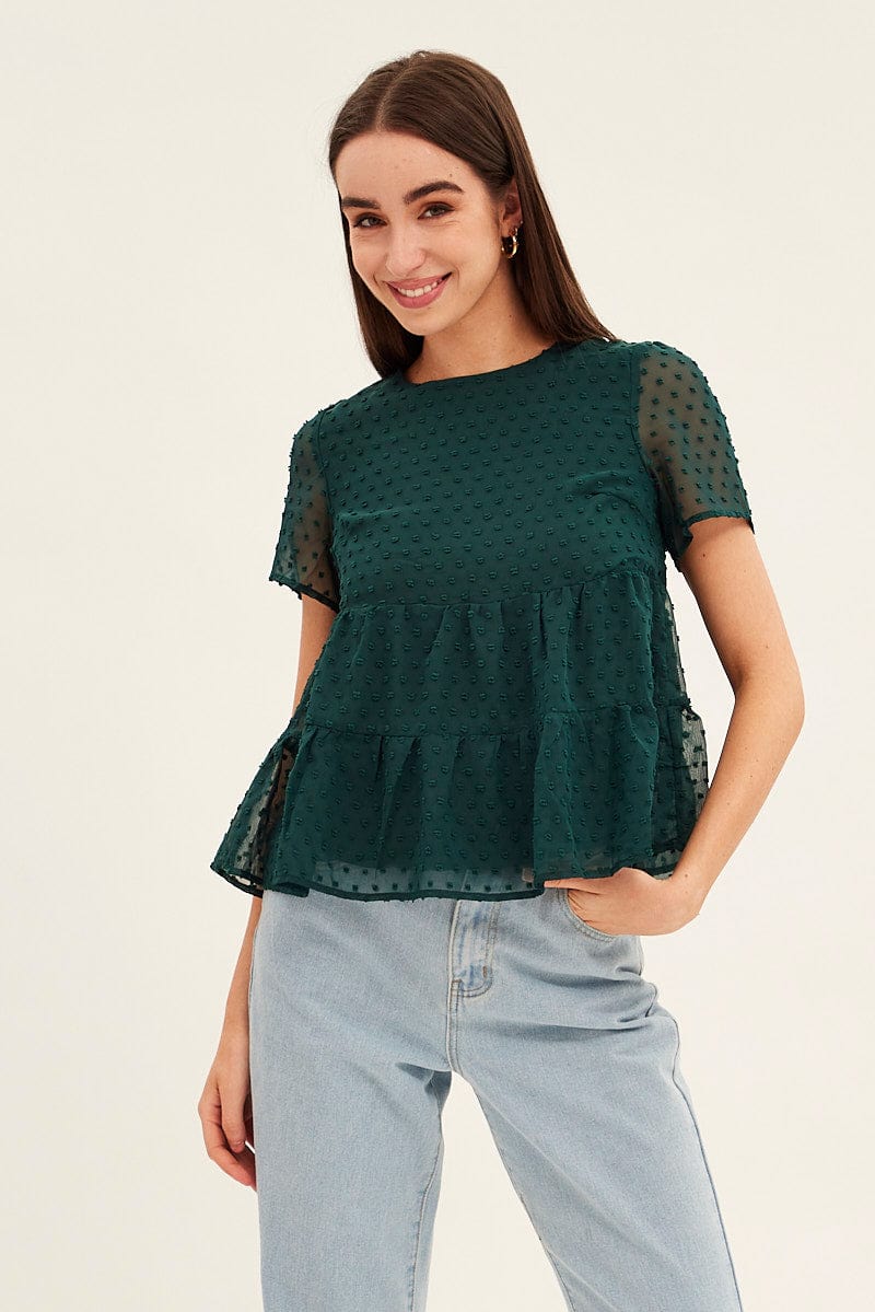 Forest Dobby Chiffon Flutter Sleeve Tiered Hem Top for Ally Fashion