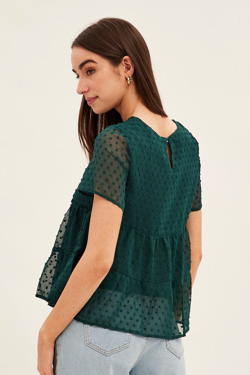 Forest Dobby Chiffon Flutter Sleeve Tiered Hem Top for Ally Fashion