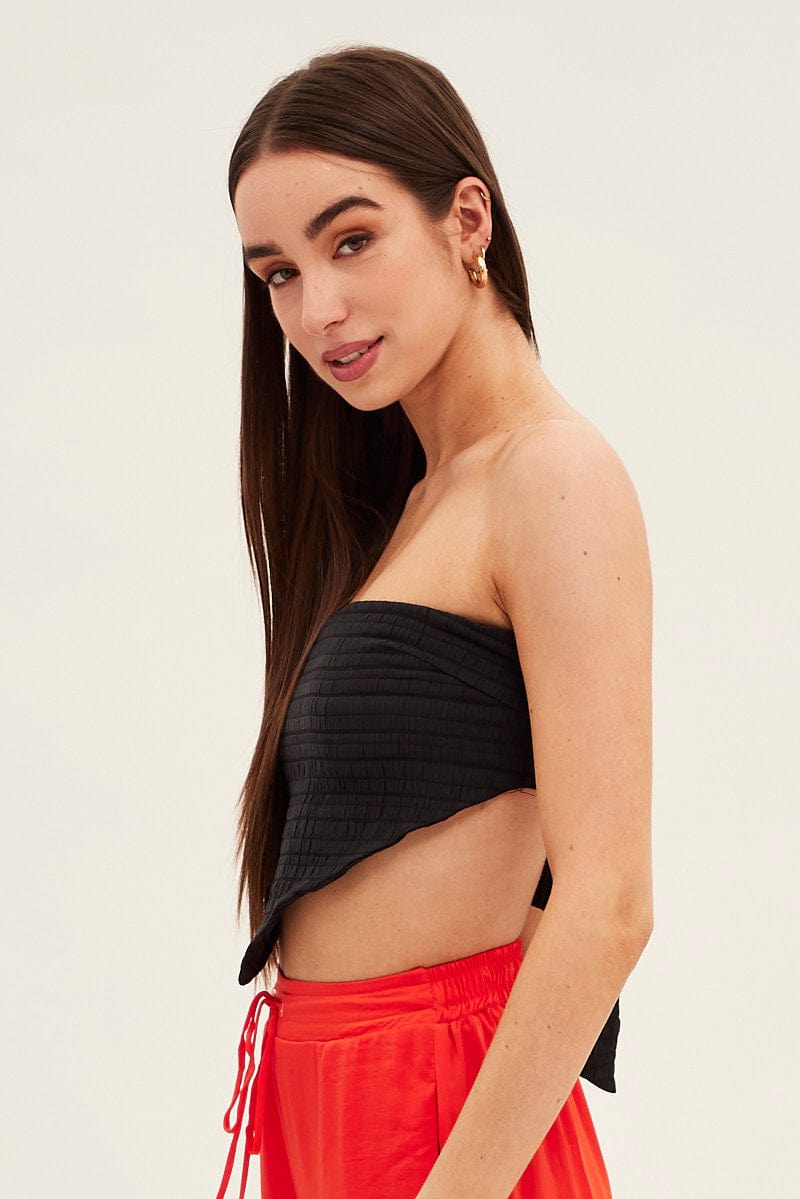 Black Shirred Strapless Tie Back Bandana Hem Top for Ally Fashion