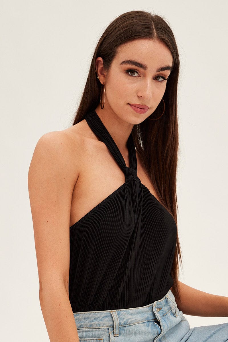 Black Plisse Bodysuit Twist Halter Sleeveless from Ally Fashion