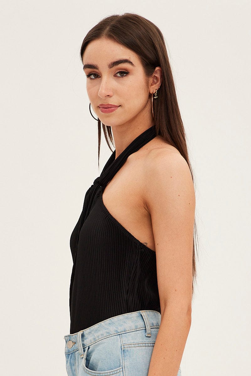 Black Plisse Bodysuit Twist Halter Sleeveless for Ally Fashion