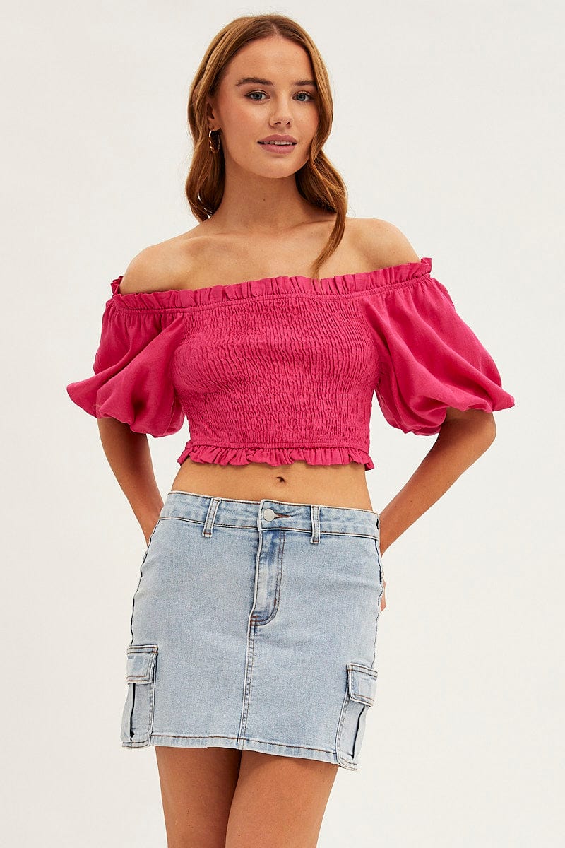 Pink Shirred Top Volume Short Sleeve Crop Linen Blend for Ally Fashion