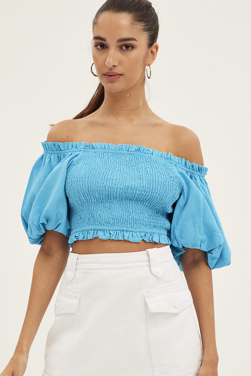 Blue Shirred Top Volume Short Sleeve Crop Linen Blend for Ally Fashion