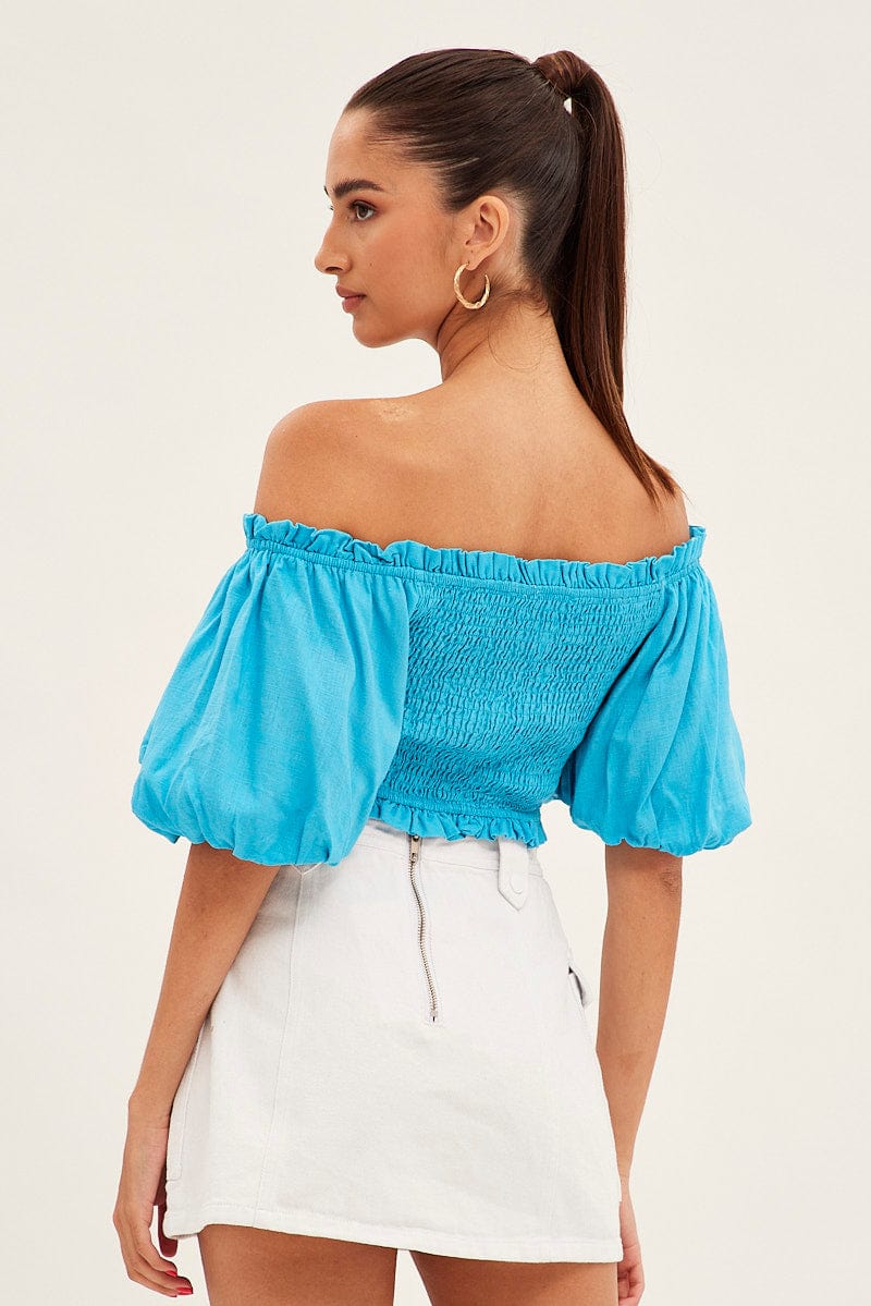 Blue Shirred Top Volume Short Sleeve Crop Linen Blend for Ally Fashion