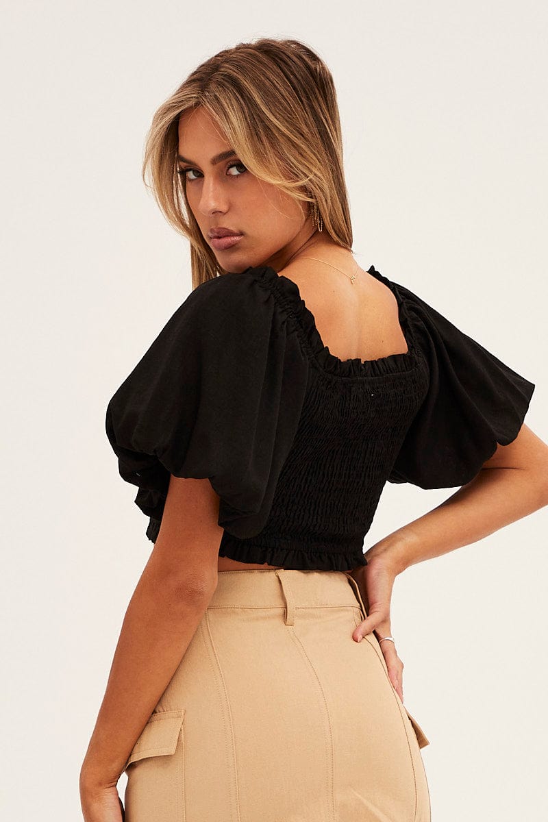 Black Shirred Top Volume Short Sleeve Crop Linen Blend for Ally Fashion