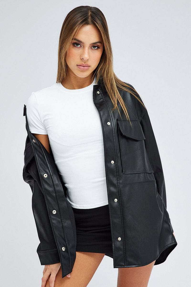 Black Shirt Collar Long Sleeve Faux Leather for Ally Fashion