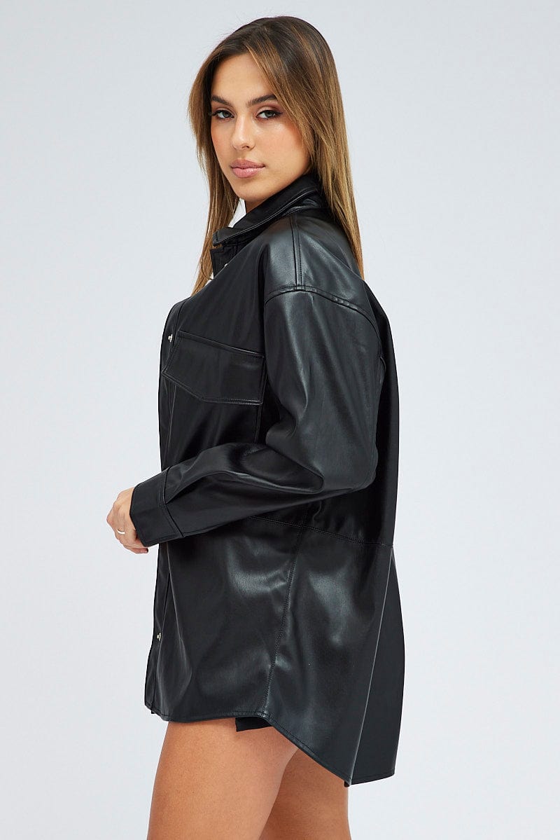 Black Shirt Collar Long Sleeve Faux Leather for Ally Fashion