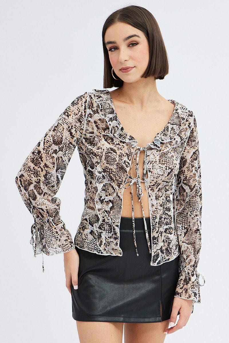 Brown Animal Print Bolero Long Sleeve Ruffle  Snake Print Chiffon for Ally Fashion