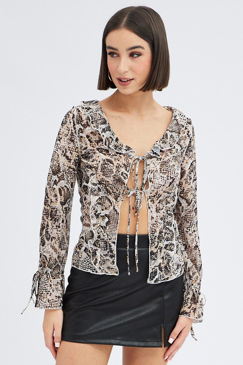 Brown Animal Print Bolero Long Sleeve Ruffle  Snake Print Chiffon for Ally Fashion