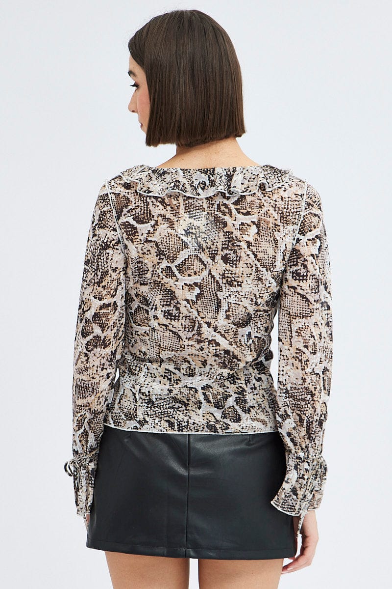 Brown Animal Print Bolero Long Sleeve Ruffle  Snake Print Chiffon for Ally Fashion