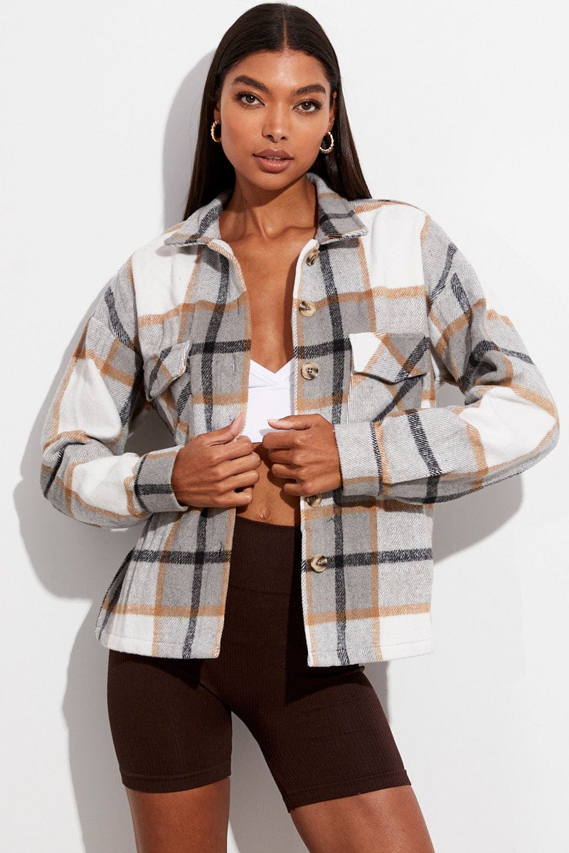 Camel Check Checked Print Shirt Long Sleeve for Ally Fashion