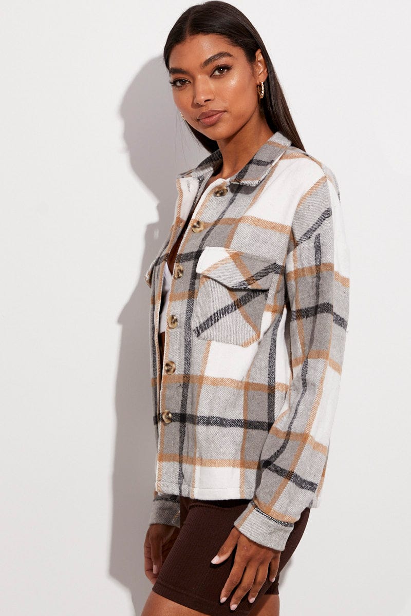 Camel Check Checked Print Shirt Long Sleeve for Ally Fashion