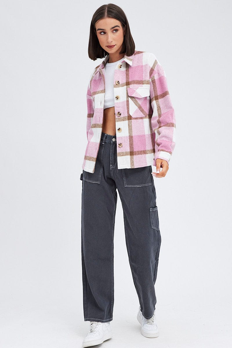 Pink Check Print Shirt Long Sleeve for Ally Fashion