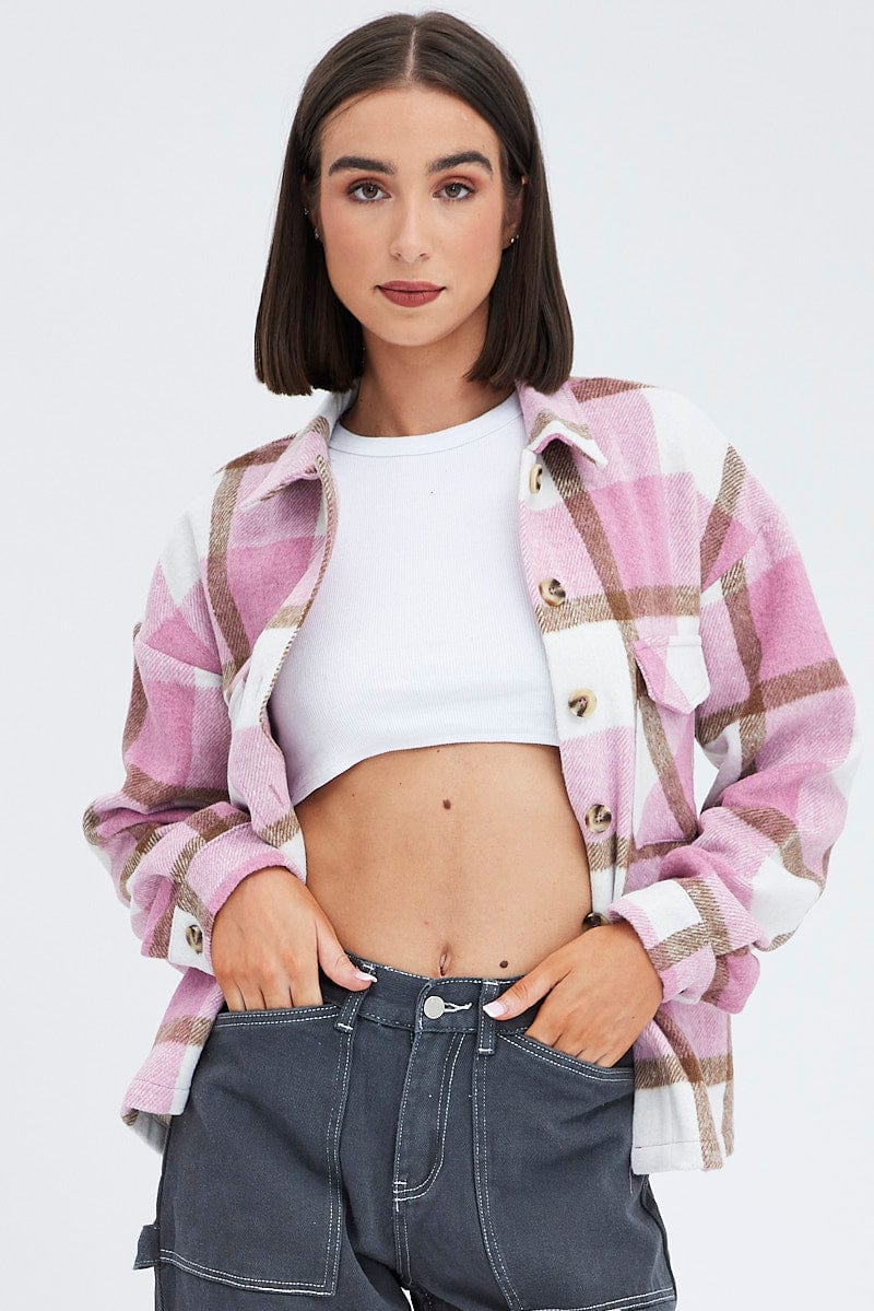 Pink Check Print Shirt Long Sleeve for Ally Fashion