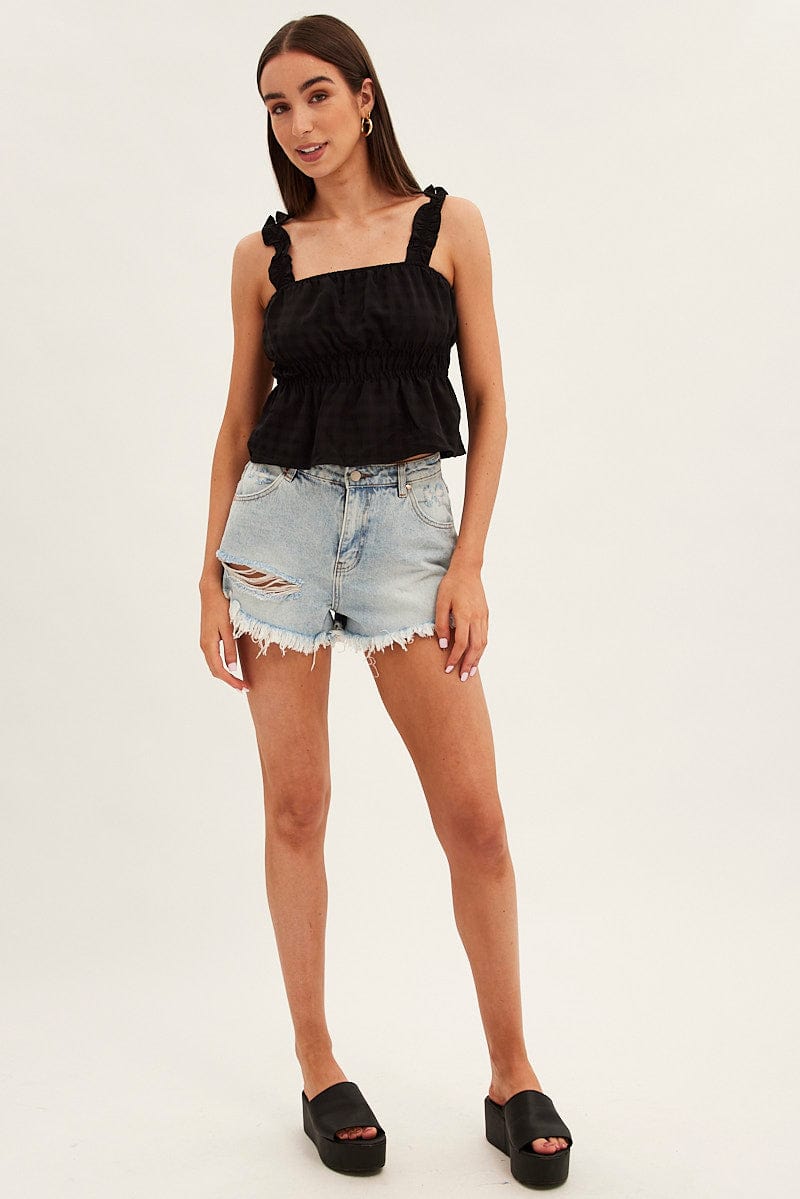 Black Ruffle Top Self Check Strap Gathered Waist Crop for Ally Fashion