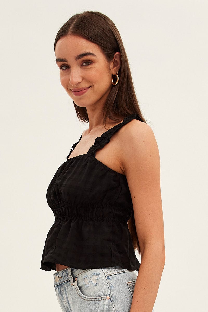 Black Ruffle Top Self Check Strap Gathered Waist Crop for Ally Fashion