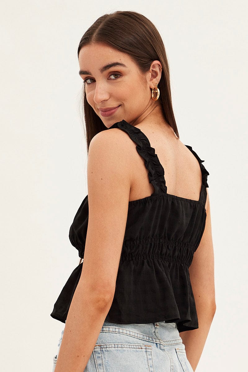 Black Ruffle Top Self Check Strap Gathered Waist Crop for Ally Fashion