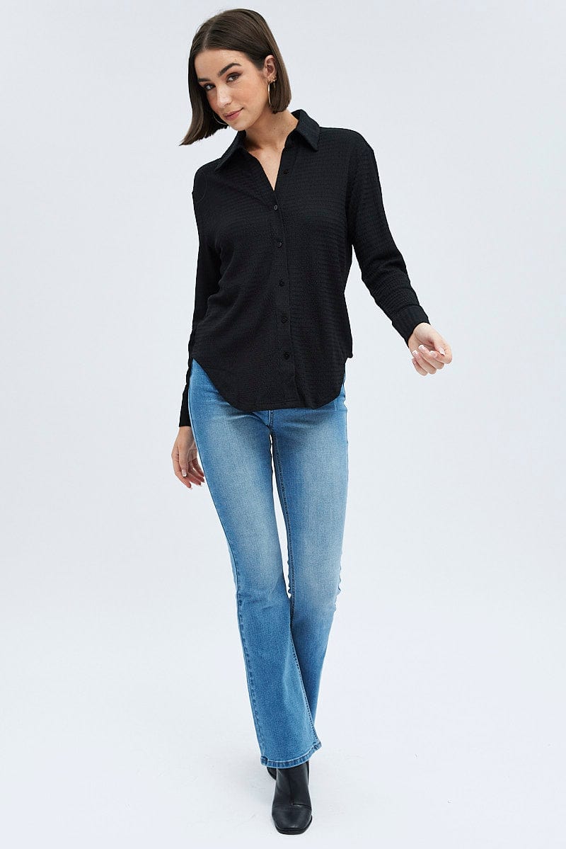 Black Shirt Long Sleeve Collared Neck Textured for Ally Fashion