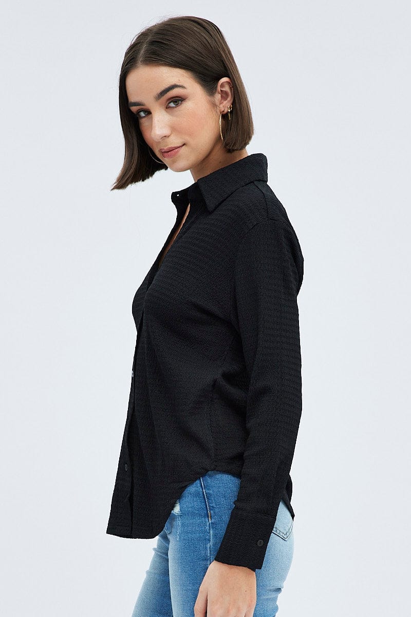 Black Shirt Long Sleeve Collared Neck Textured for Ally Fashion