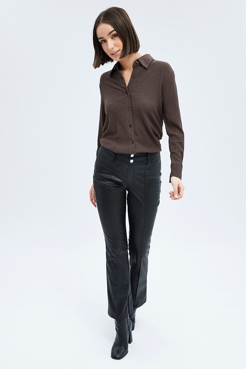 Brown Shirt Long Sleeve Collared Neck Textured for Ally Fashion