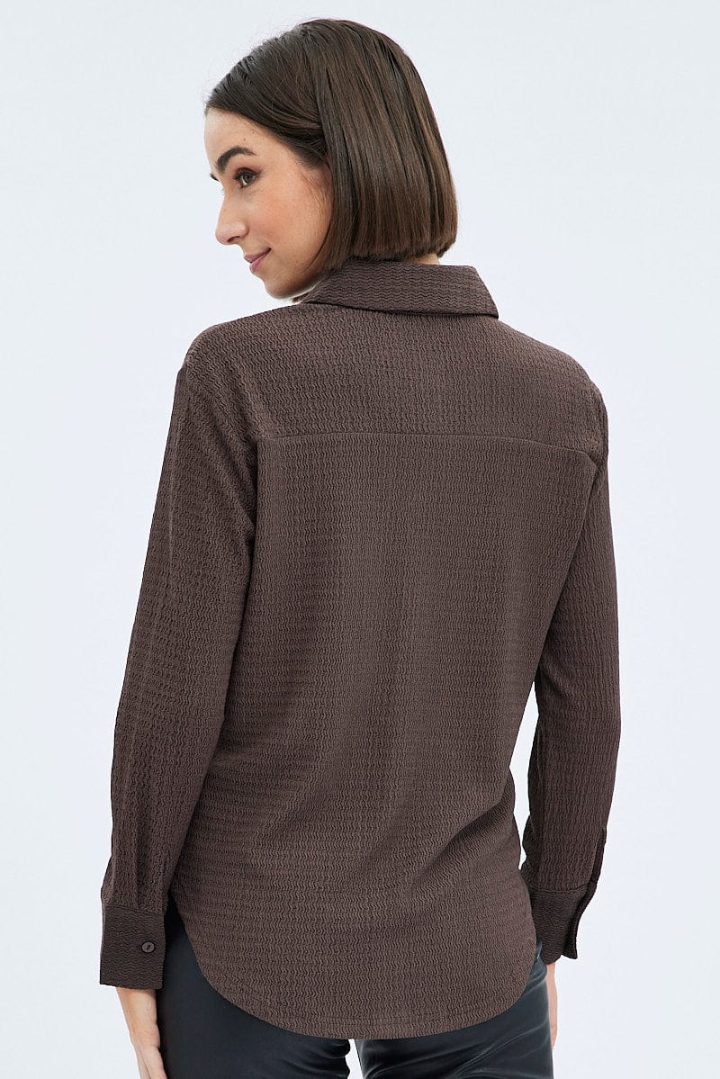 Brown Shirt Long Sleeve Collared Neck Textured for Ally Fashion