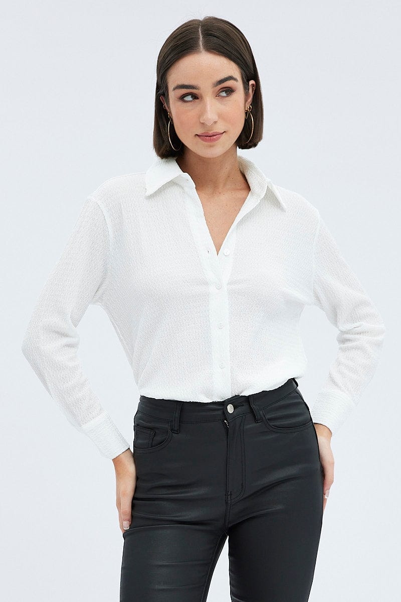 White Shirt Long Sleeve Collared Neck Textured for Ally Fashion