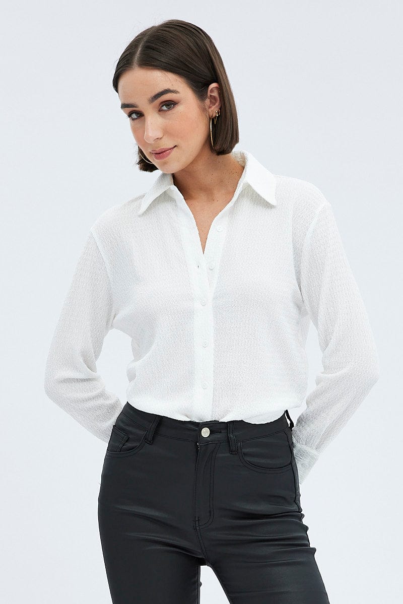 White Shirt Long Sleeve Collared Neck Textured for Ally Fashion