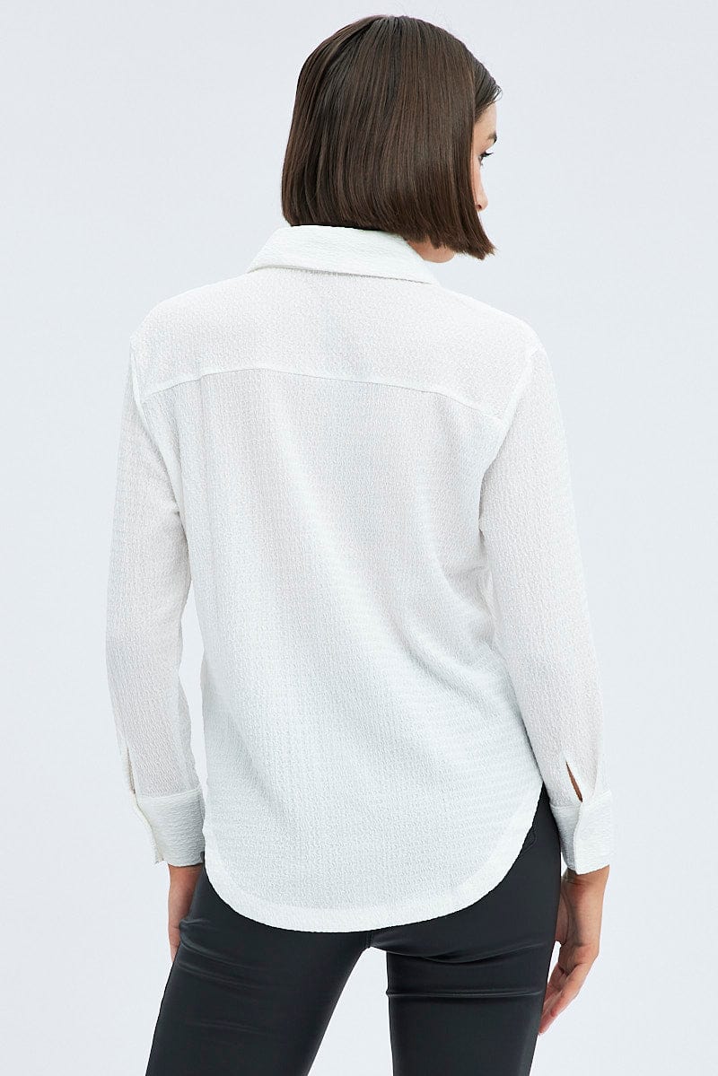 White Shirt Long Sleeve Collared Neck Textured for Ally Fashion