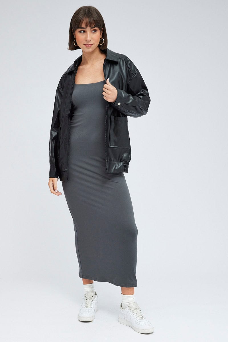 Black Faux Leather Jacket Long Sleeve | Ally Fashion
