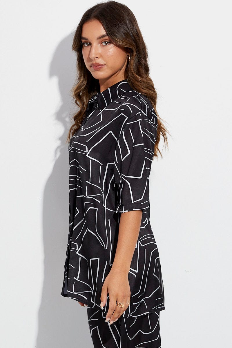 Black Abstract Relaxed Fit Shirt Short Sleeve Collared Longline for Ally Fashion