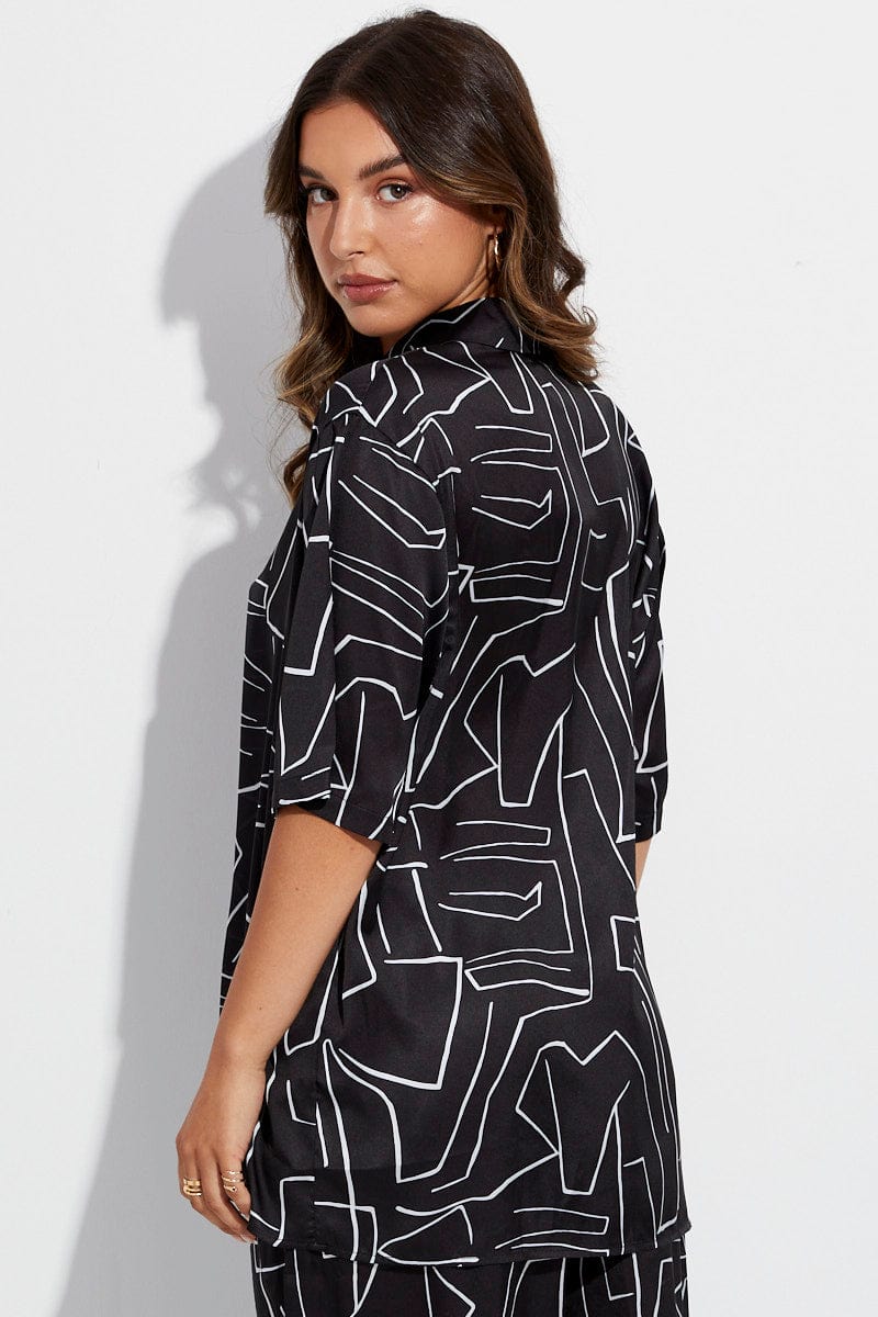 Black Abstract Relaxed Fit Shirt Short Sleeve Collared Longline for Ally Fashion