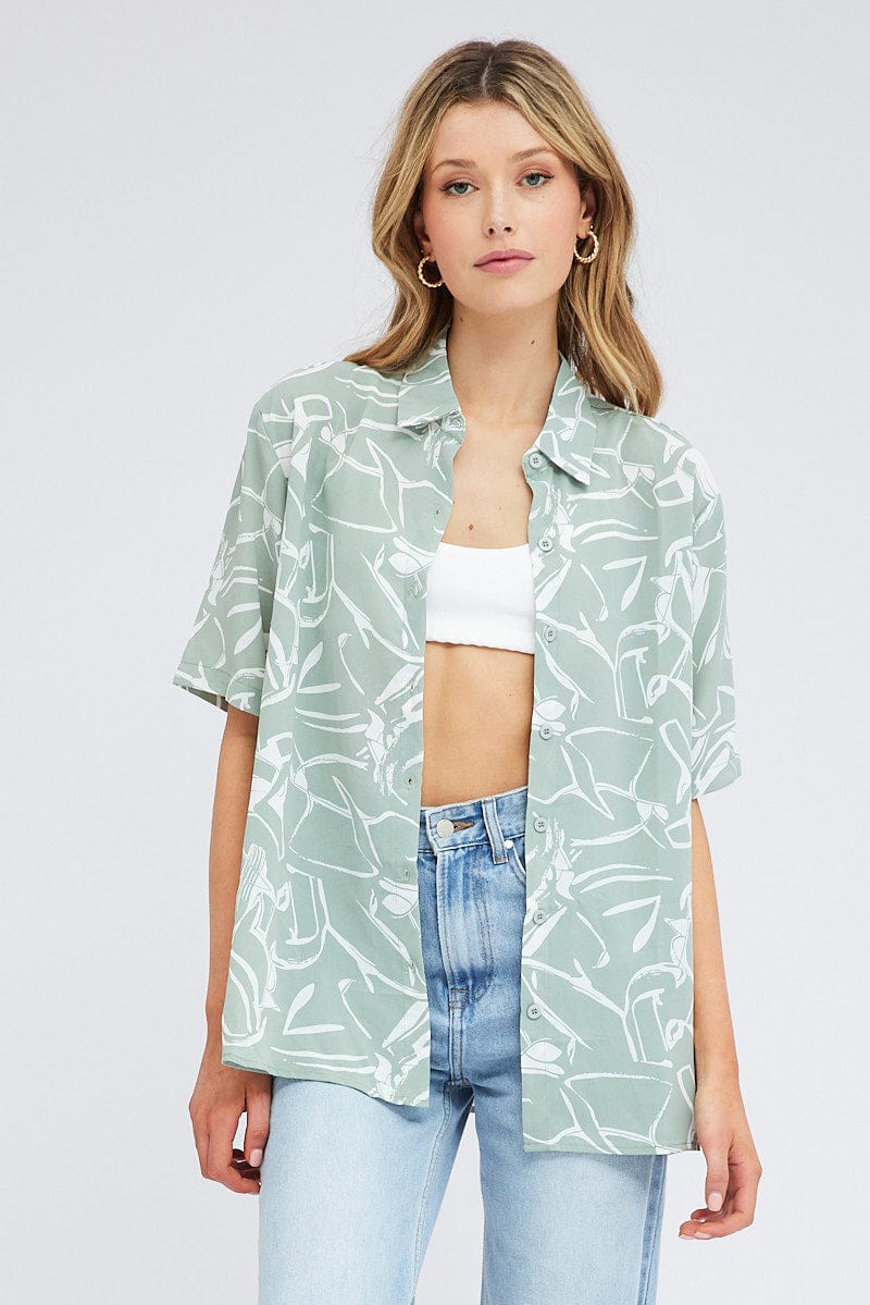 Green Abstract Shirt Short Sleeve for Ally Fashion