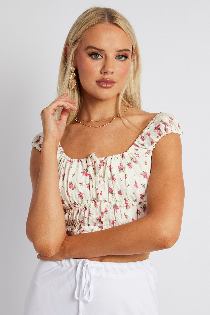 White Ditsy Crop Top Short Sleeve for Ally Fashion