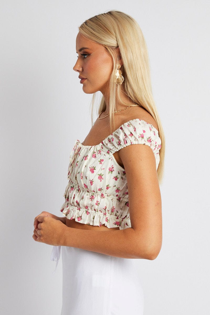 White Ditsy Crop Top Short Sleeve for Ally Fashion