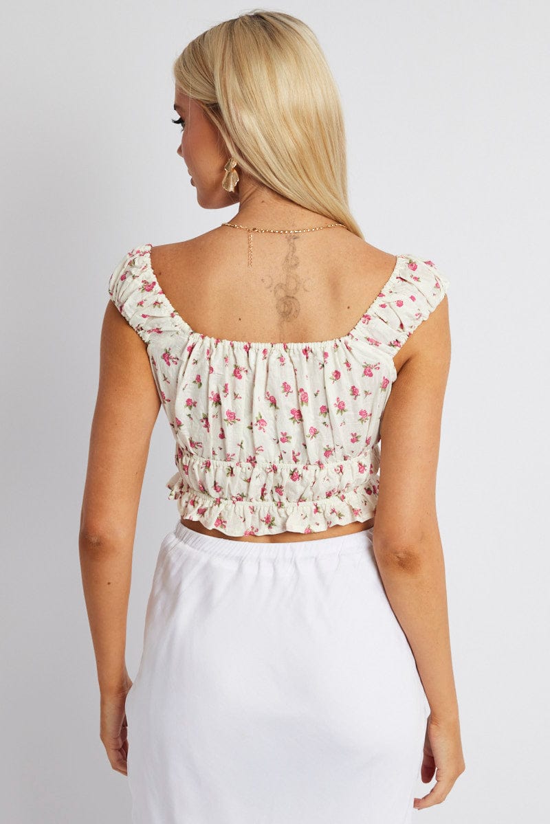 White Ditsy Crop Top Short Sleeve for Ally Fashion