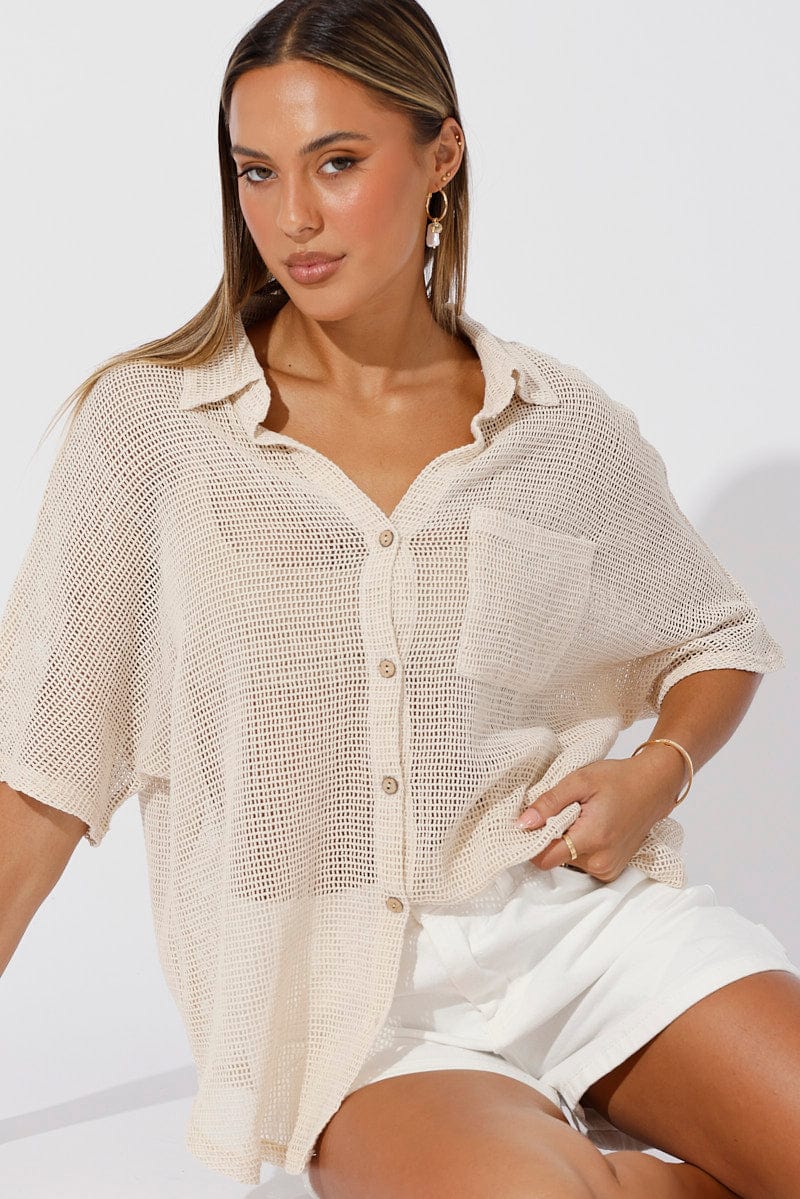 Beige Shirt Short Sleeve Collared Neck for Ally Fashion