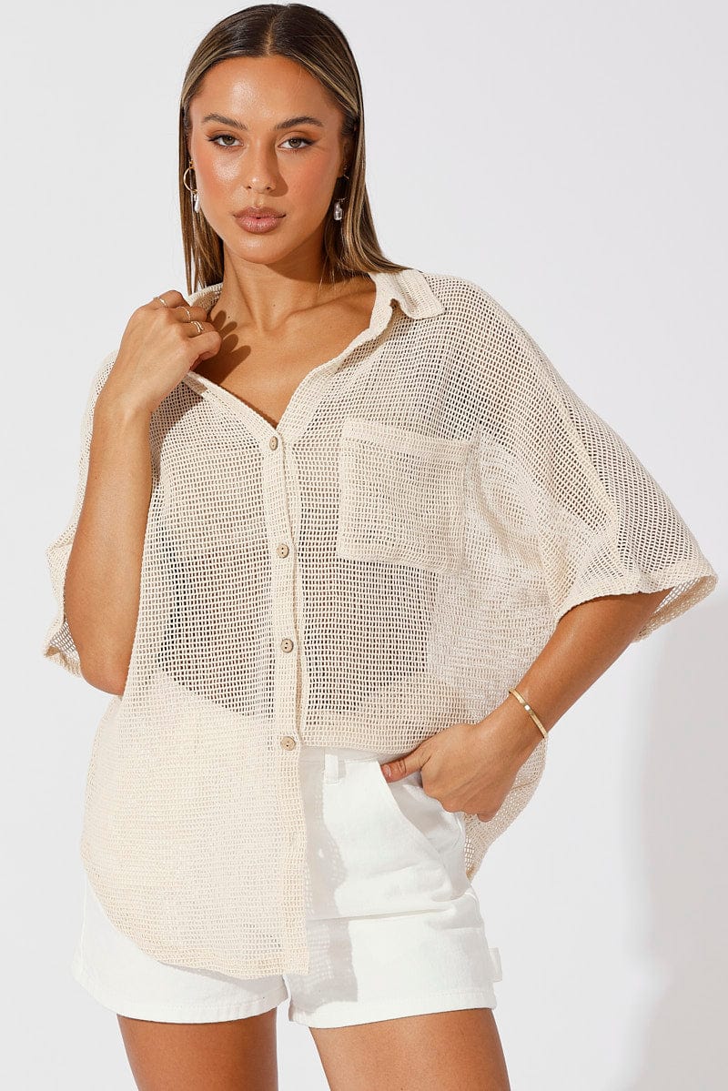 Beige Shirt Short Sleeve Collared Neck for Ally Fashion