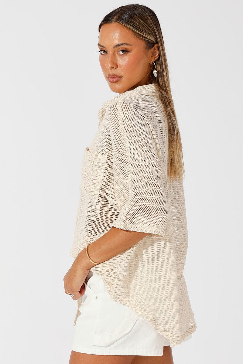 Beige Shirt Short Sleeve Collared Neck for Ally Fashion