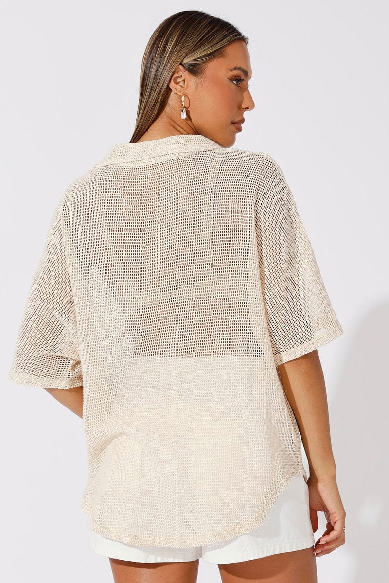 Beige Shirt Short Sleeve Collared Neck for Ally Fashion