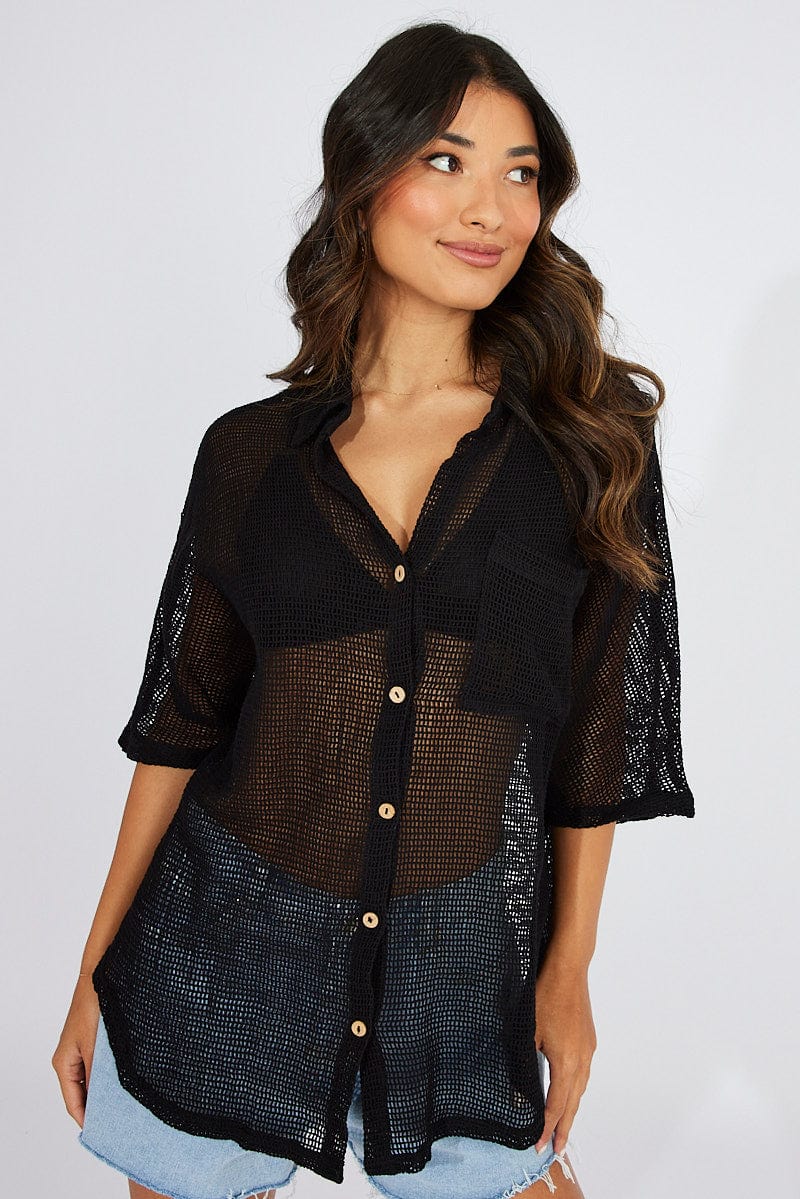 Black Shirt Short Sleeve Collared Neck for Ally Fashion