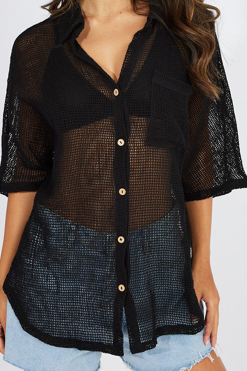 Black Shirt Short Sleeve Collared Neck for Ally Fashion